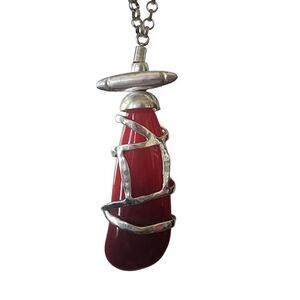 Alisha D Silver Tone Chain Necklace & Silver Tone & Red Pendant